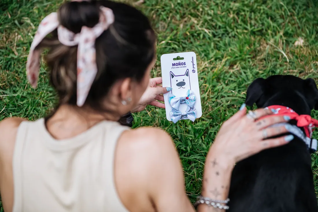 Blister de moños Guapetones y un perro con bandana en el parque